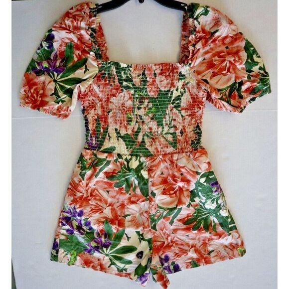 H&M Women's Sz Medium Multicolor Floral Puff-Sleeved Smocked Square Neck Romper - Picture 8 of 8